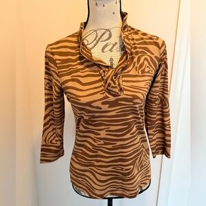 J McLaughlin S Small Durham Ruffle Neck Shirt Top Tan Brown Zebra Catalina Cloth